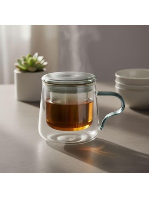 Delixa Borosilikat Cam Bitki Çayı Demleme Kupası | Cam Süzgeçli ve Cam Kapaklı Fincan | 350 ml | Tek Kişili