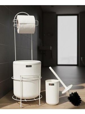 Beyaz Standlı Wc Kağıtlık, Linea Yuvarlak Çöp Kovası ve Wc Fırça Seti