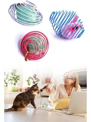 Delixa Buffer Yaylı Metal Fareli Kafes Kedi Oyun Topu Sıçrayan Spiral Kedi Topu
