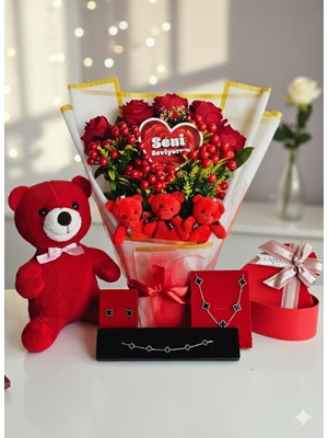 UltraMint Sevgililer Günü Hediye Kutusu: Peluş Ayı, Takı ve Gül Buketi Seti