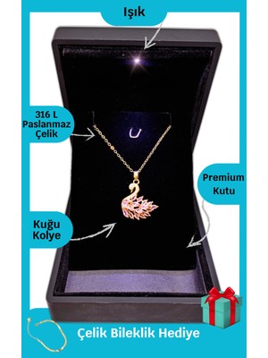 UltraMint 14 Şubat Sevgililer Günü Işıklı Kuğu Çelik Kolye Hediye Paketi