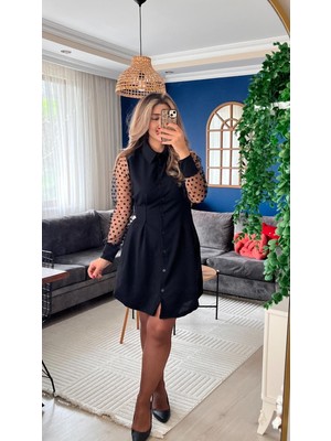 La Mode Istanbul Kadın Uzun Kollu Yakalı Düğmeli Mini Ithal Krep Elbise