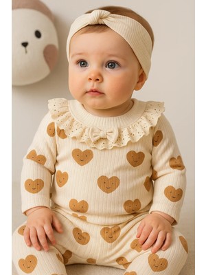 Beruflic Kalp Baskılı Fisto Yaka 3 Parça Kız Bebek Takımı %100 Pamuk