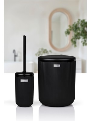 Şık Siyah Çizgili Yuvarlak Wc Kova ve Fırça Seti, Temizlik Için Ideal