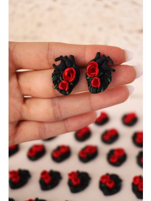 UltraMint Siyah Polimer Kil Kalp Çiçekli Kırmızı Gül Küpe Sevgililer Günü Hediyesi