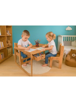 Delixa Iki Kişilik Çekmeceli Ahşap Çocuk Oyun & Aktivite Masa ve Sandalye Takımı - 18MM Ceviz Renk Mdf