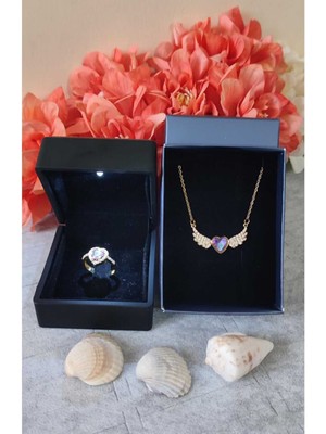 UltraMint Işıklı Kalpli Kanatlı Yüzük ve Kolye Seti, Sevgililer Günü Hediye