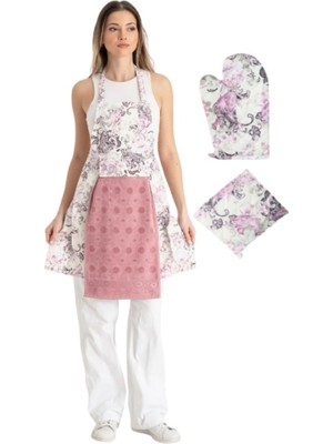 Delixa Enoteks Havlulu Mutfak Önlüğü Fırın Eldiveni ve Tutacak Gülkurusu