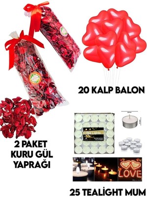 UltraMint Romantik Hediye Seti: Kuru Gül, Kalp Balon ve Beyaz Mum Paketleri