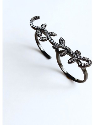 UltraMint Kadın Gümüş Siyah Uzun Sarmal Yaprak Tasarımlı Şık Yüzük