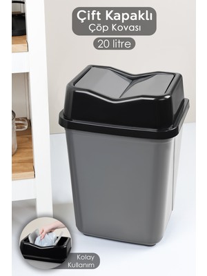 20 Litre Gri Çift Kapaklı Plastik Çöp Kovası - Ev, Ofis, Banyo, Mutfak