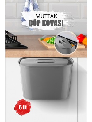 Pratik 6l Askılı Çöp Kutusu, Dolap Kapağına Asılır, Tezgah Altı Gri