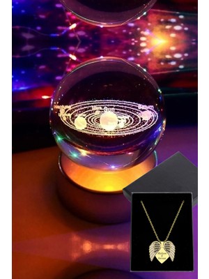 UltraMint Kişiye Özel Melek Kanadı Kolye ve Gezegen Cam Küre Işıklı Set