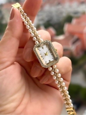 UltraMint Şık Kadın Kol Saati, Taşlı Incili Metal Kordon, Özel Kutuda Hediye