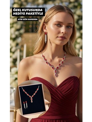 UltraMint Kırmızı Taşlı Gümüş Kaplama Takı Seti, Sevgililer Günü Hediye