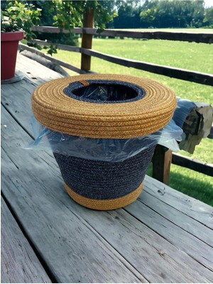 Lacivert Hasır Jüt Kapaklı Modern Çöp Kovası, Şık ve Kullanışlı Tasarım