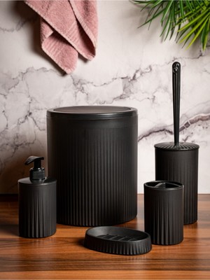 Şık Siyah 5 Parça Banyo Seti: Çöp Kovası, Diş Fırçalık, Sabunluklar, Tuvalet Fırçası