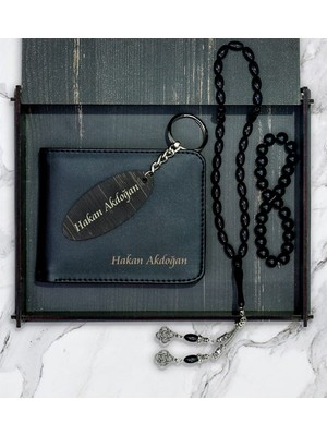 UltraMint Kişiye Özel Ahşap Kutuda Cüzdan, Tespih, Bileklik ve Anahtarlık Seti