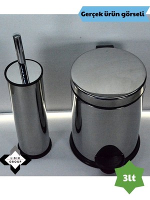 Paslanmaz Krom Akıllı Klozet Fırçası ve Pedallı 3l Çöp Kovası Seti