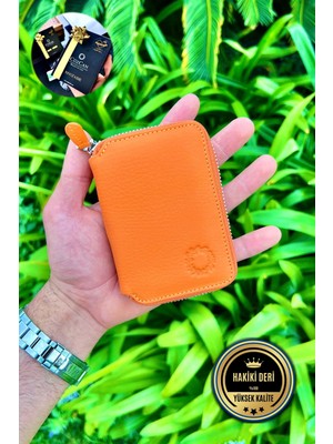 UltraMint Turuncu Mini Hakiki Deri Cüzdan Unisex Sevgililer Günü Hediyesi