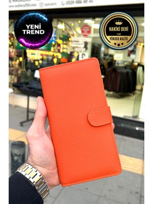 UltraMint Turuncu Hakiki Deri Unisex Telefon Gözlü Cüzdan, Sevgililer Günü Hediye