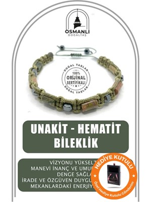UltraMint Doğal Taş Unakit Hematit Bileklik, Şık Makrome Ipli, Özel Kutulu