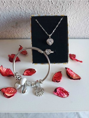 UltraMint Şık Çelik Gümüş Charm Bileklik, Kolye ve Yüzük Seti - Sevgililer Günü Hediyesi