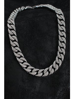 MiraLive Pirinç Zirkon Taşlı Cuba Gurmet Model Gümüş Renk Erkek Kolye - TJ-ERK1404