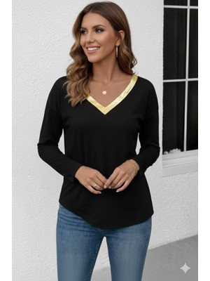 Serac Collection Kadın Uzun Kollu V Parlak Yaka Detaylı Viskon Bluz