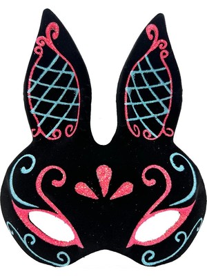 Eco Port Siyah Renk Mavi Kırmızı Simli Siyah Süet Kaplama Tavşan Maskesi 18X16 cm