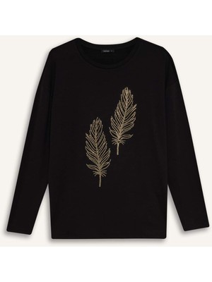 DeFacto Relax Fit Bisiklet Yaka Taş Baskılı Uzun Kollu Tişört H1203AX26SP