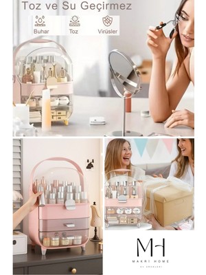 UltraMint Şeffaf Kırılmaz Kapaklı Makyaj ve Takı Organizeri, Pembe, 19×27×36 cm