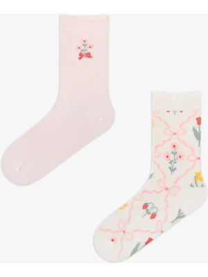 Penti 2 Çift Burun Dikişsiz Pamuklu Renkli Çiçek Desenli Fırfırlı Soket Çorap