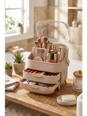 UltraMint Şeffaf Kubbeli 3 Katlı Makyaj Organizeri, Çekmeceli ve Renkli Kapaklı