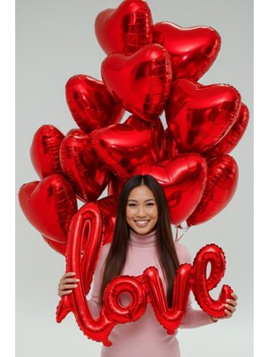 Baloncu Dede Kalp Desenli 10 Adet Kırmızı Folyo Helyum Balon Romantik Sevgili Gün Süsleme