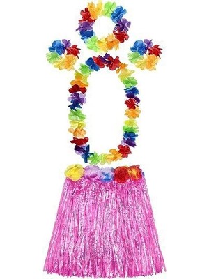 Eco Port Yetişkin ve Çocuk Uyumlu Luau Aloha Hawaii Pembe Etek ve Renkli Kolye Taç 2 Adet Bileklik Seti