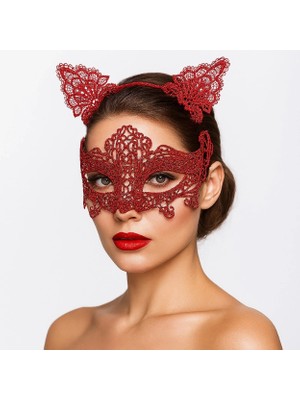 Eco Port Romantik Kırmızı Dantel Maske Seti – Kedi Kulaklı Taç ve Maske 3 No