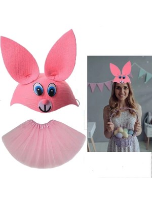 Eco Port Tavşan Kostümü Pembe - 23 Nisan Tavşan Şapka ve Tütü Etek Seti 2 Parça