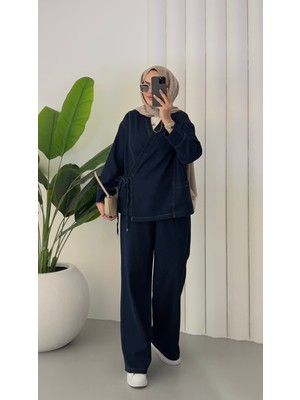 Molly Nelly Kadın Lacivert Kot Pantolon Bağcık Detaylı Bluz Takım