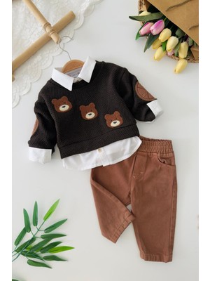 Miniğimin Cicileri Ayıcık Nakışlı Örgü Sweatshirt ve Pantolon Erkek Bebek 3lü Takım - Acı Kahve
