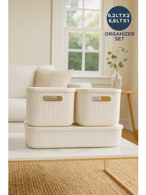 UltraMint Pratik ve Şık 3'lü Kapaklı Organizer Seti, Ekru, 2x6.2l ve 1x6.8l