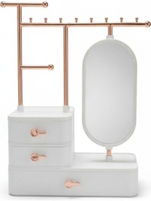 UltraMint Aynalı Takı Düzenleyici, Çekmeceli Masaüstü Organizer, Rose Gold Metal Stand