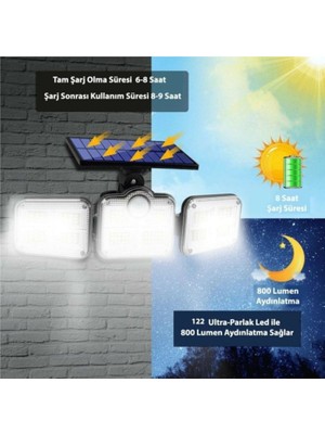 Vice Avm Kumandalı Solar Güneş Enerjili 122 Ledli Hareket Sensörlü Bahçe Aydınlatma Sokak Lambası TG-V 0930