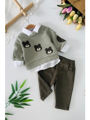 Miniğimin Cicileri Ayıcık Nakışlı Örgü Sweatshirt ve Pantolon Erkek Bebek 3lü Takım - Yeşil