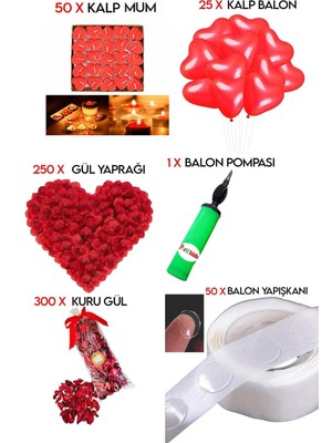 Tinky Winky 50 Kalp Mum, 25 Kalp Balon, Gül Yaprağı, 300 Kuru Gül, 1 Balon Pompası Evlilik Teklifi Paket Set