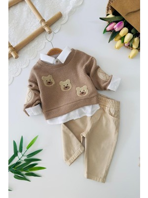 Miniğimin Cicileri Ayıcık Nakışlı Örgü Sweatshirt ve Pantolon Erkek Bebek 3lü Takım - Vizon