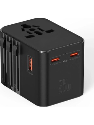 Eco Port 25W Evrensel Seyahat Adaptörü, Eu/us/uk/au Priz Dönüştürücü, 1x Usb, 2x Type-C Hızlı Şarj