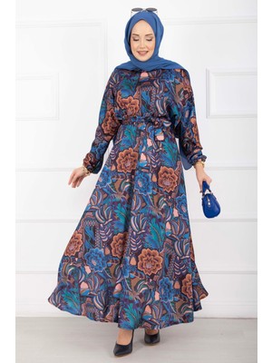 Md Çiçek Desen Kuşaklı Tesettür Elbise İndigo