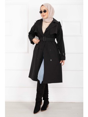 Md Allerli Seyyar Kuşaklı Premium Trençkot Siyah
