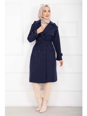 Md Allerli Seyyar Kuşaklı Premium Trençkot Lacivert